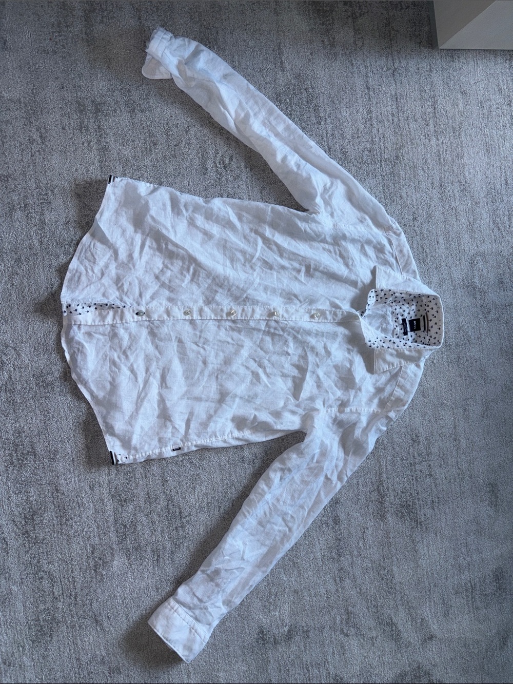Boss White Long-Sleeve Button-Up Shirt with Patterned Collar stretch linen